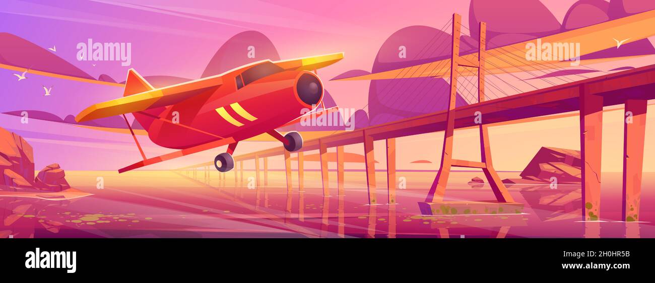 Kleines Flugzeug fliegt bei Sonnenuntergang Ozeanlandschaft mit Brücke. Getreidestaub Flugzeug fliegen über die Meeresoberfläche in der schönen Dämmerung wolkigen Himmel. Private oder touristische Flugreisen, Cartoon-Vektor-Illustration Stock Vektor
