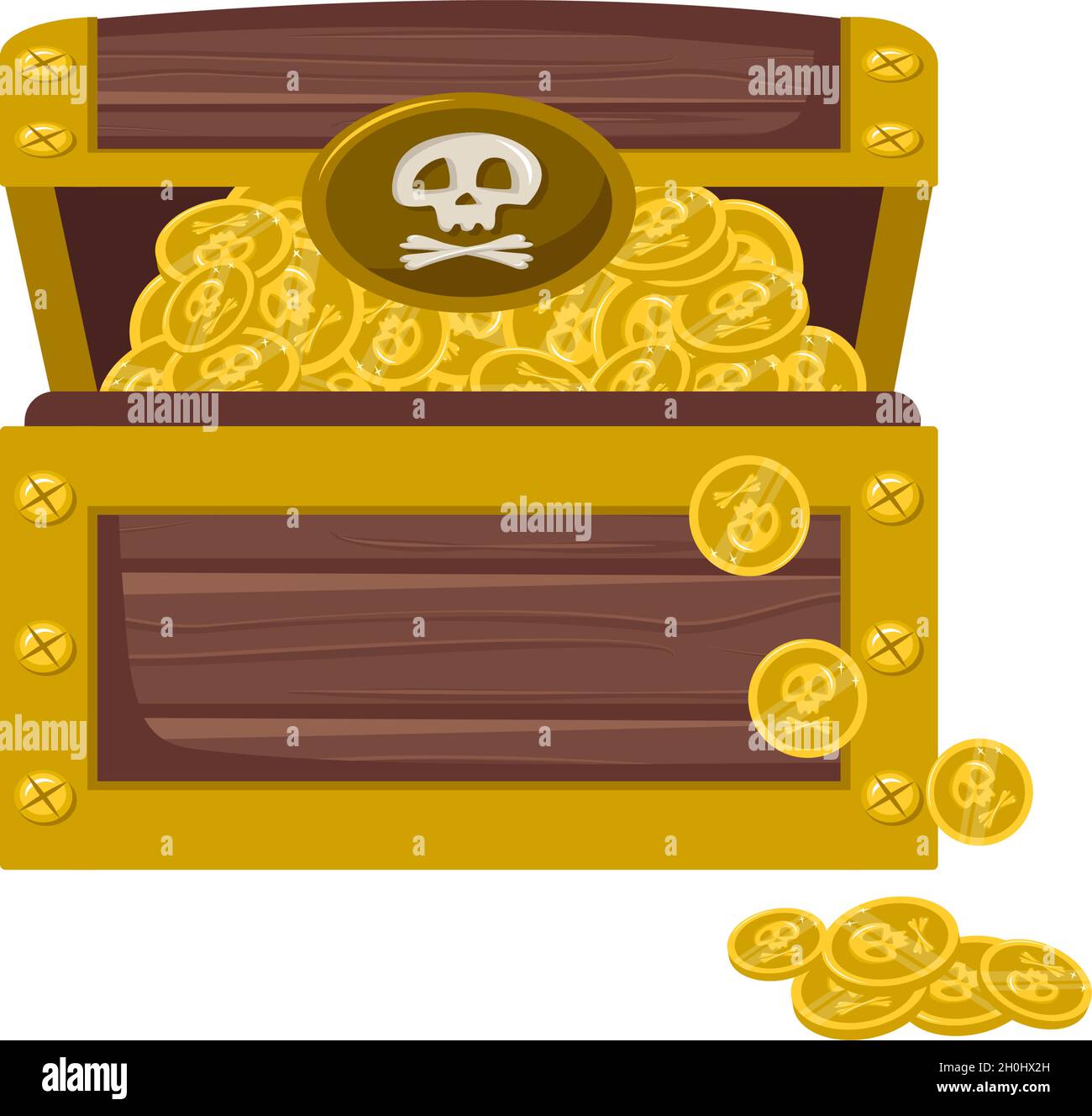 Piratenschatzkiste mit Goldmünzen. Symbol für Kinder Design und Spiele Stock Vektor