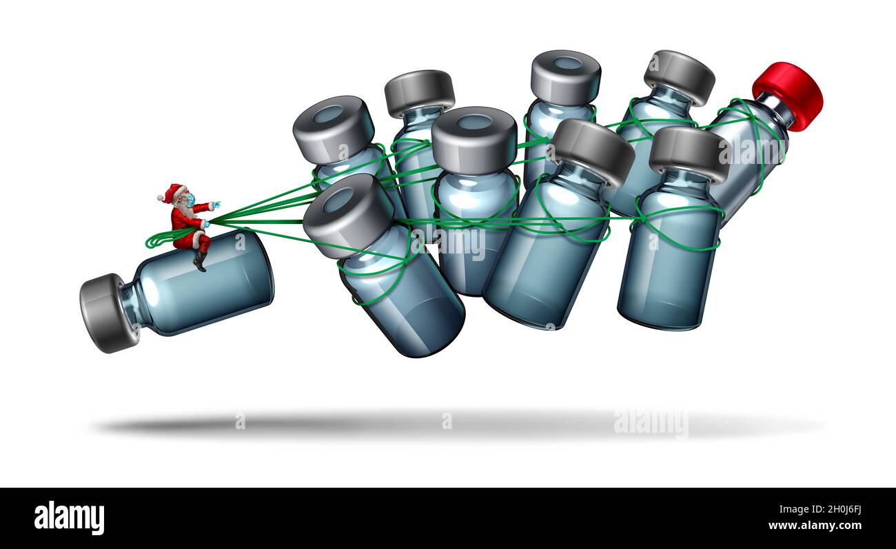 Winterurlaub Impfung und Weihnachts-Impfstoff Verteilung als Weihnachtsmann mit Flaschen von Impfstoffen, die einen Schlitten und Rentiere Symbole. Stockfoto