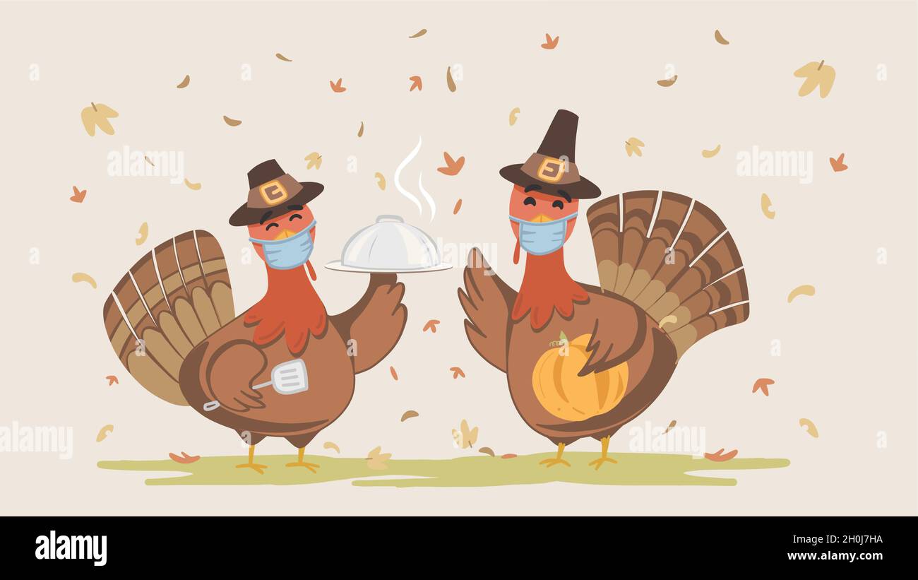 Thanksgiving Pute trägt Gesichtsmaske beim Kochen. Niedliche Putenfigur für Kinderbuch. Fall Hintergrund mit Blättern fallen und Erde Ton col Stock Vektor