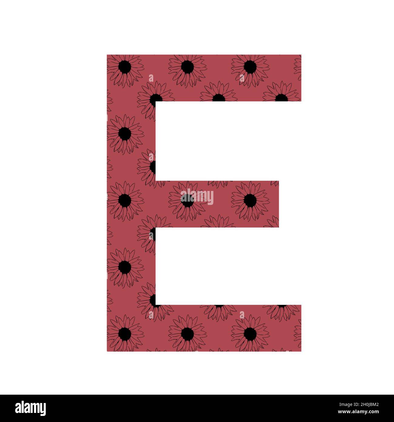 Buchstabe E des Alphabets mit einem Muster von Sonnenblumen mit einem dunkelrosa Hintergrund, isoliert auf einem weißen Hintergrund Stockfoto