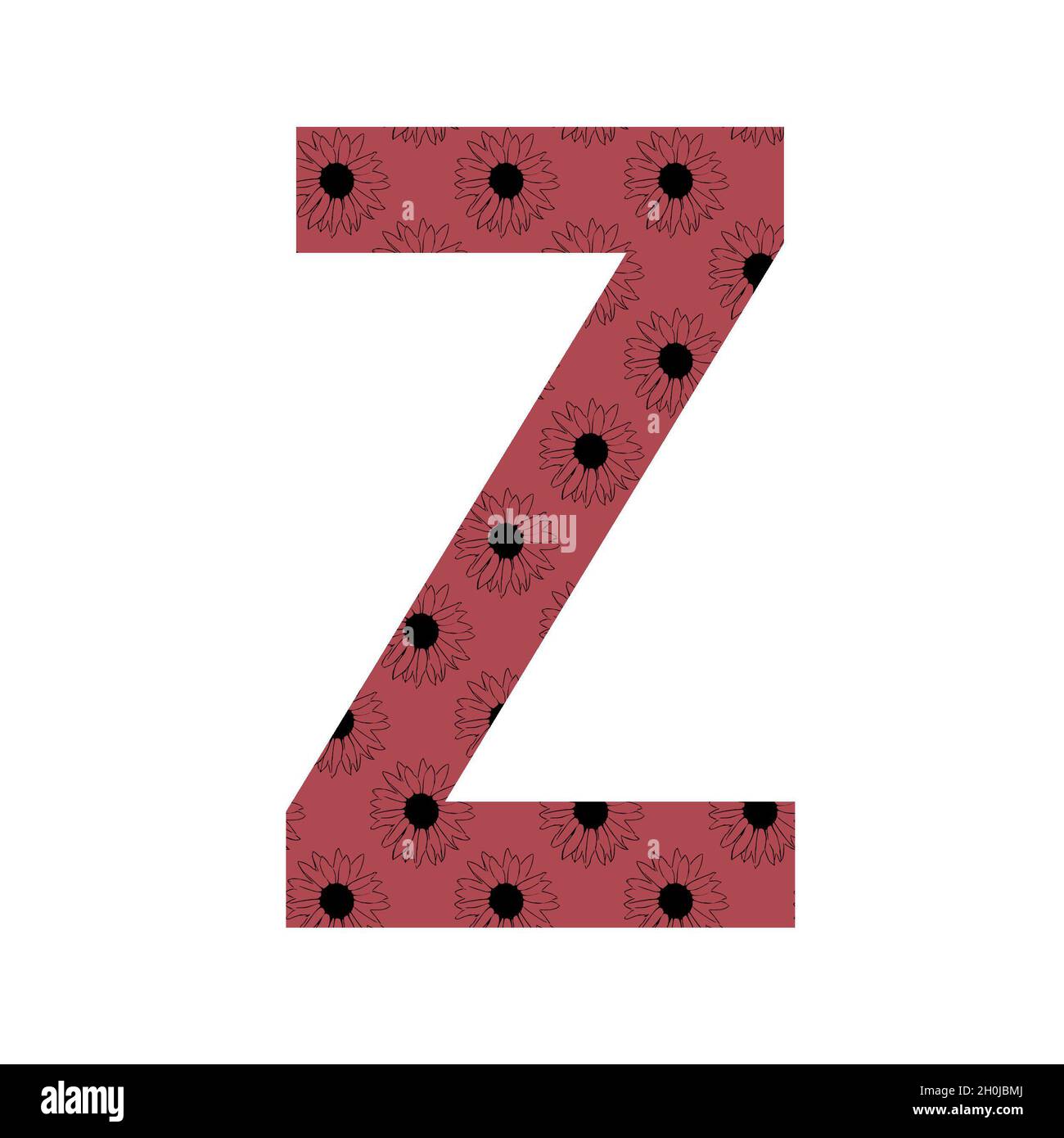 Buchstabe Z des Alphabets mit einem Muster von Sonnenblumen mit einem dunkelrosa Hintergrund, isoliert auf einem weißen Hintergrund Stockfoto