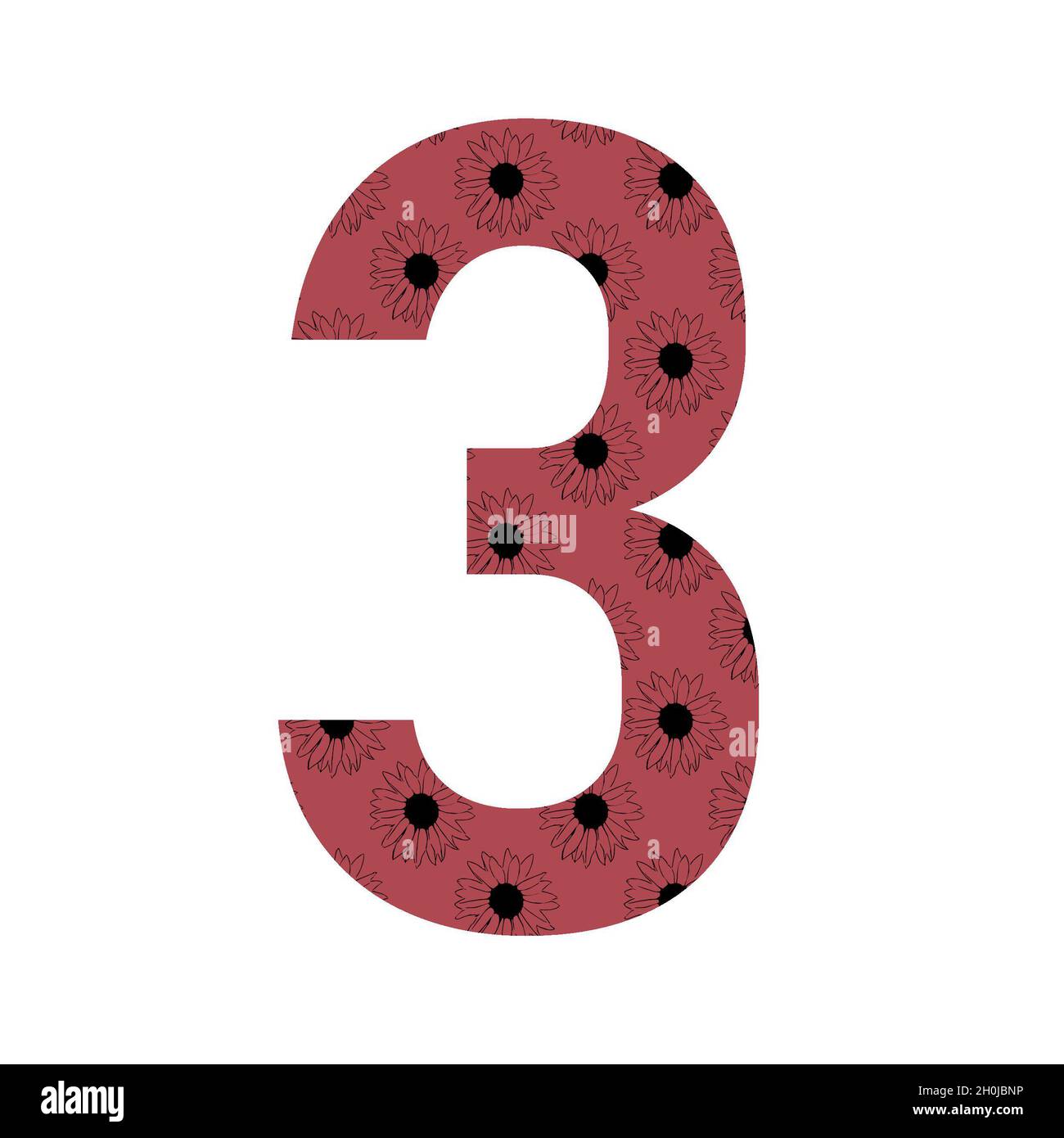 Nummer 3 des Alphabets mit einem Muster von Sonnenblumen mit einem dunkelrosa Hintergrund, isoliert auf einem weißen Hintergrund Stockfoto