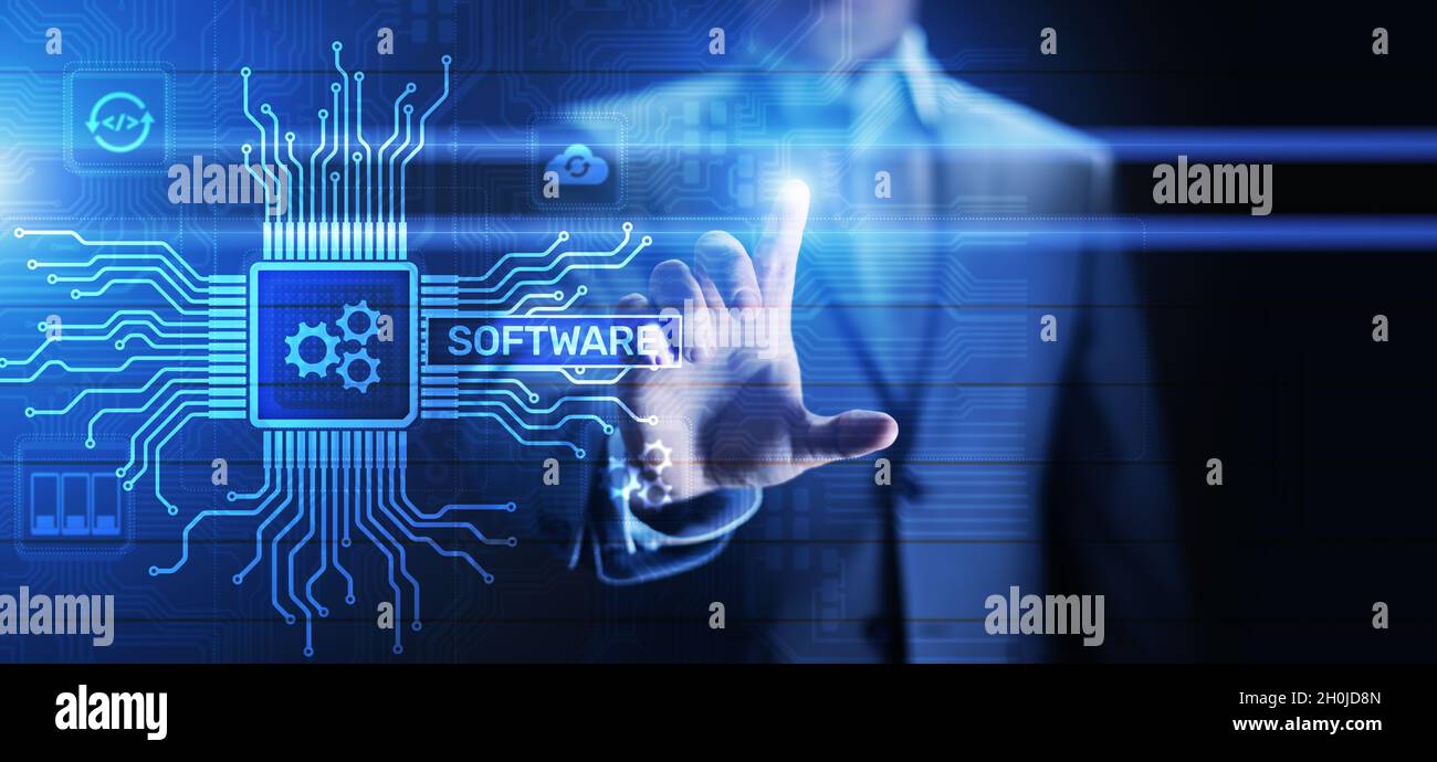 Softwareentwicklung und Automatisierung von Geschäftsprozessen, Internet- und Technologiekonzept auf virtuellem Bildschirm. Stockfoto