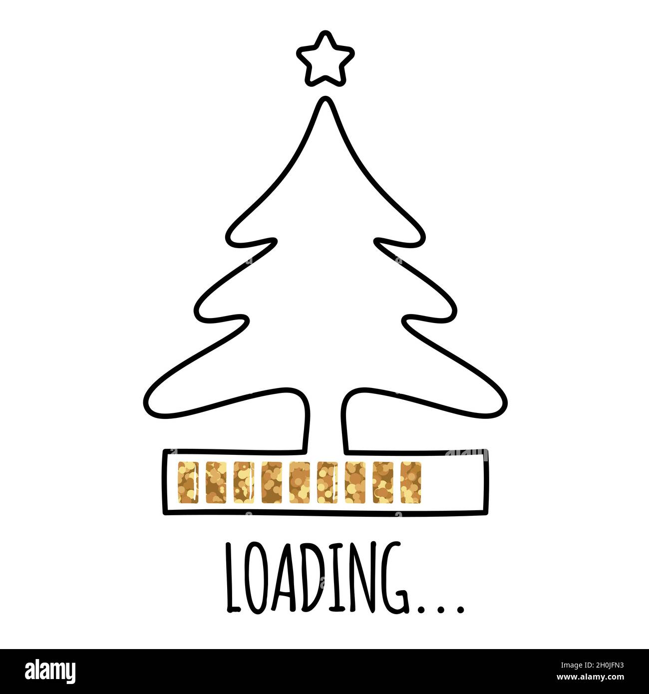 Linie Weihnachtsbaum mit Stern und goldenen Ladebar. Fortlaufende Linienzeichnung. Stock Vektor