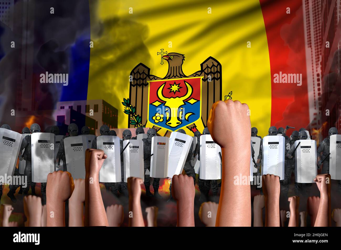 Protest in Moldawien - Polizeibeamte stehen vor der protestierenden Menge auf Flaggenhintergrund, Kampfkonzept, militärisches 3D-Bild Stockfoto