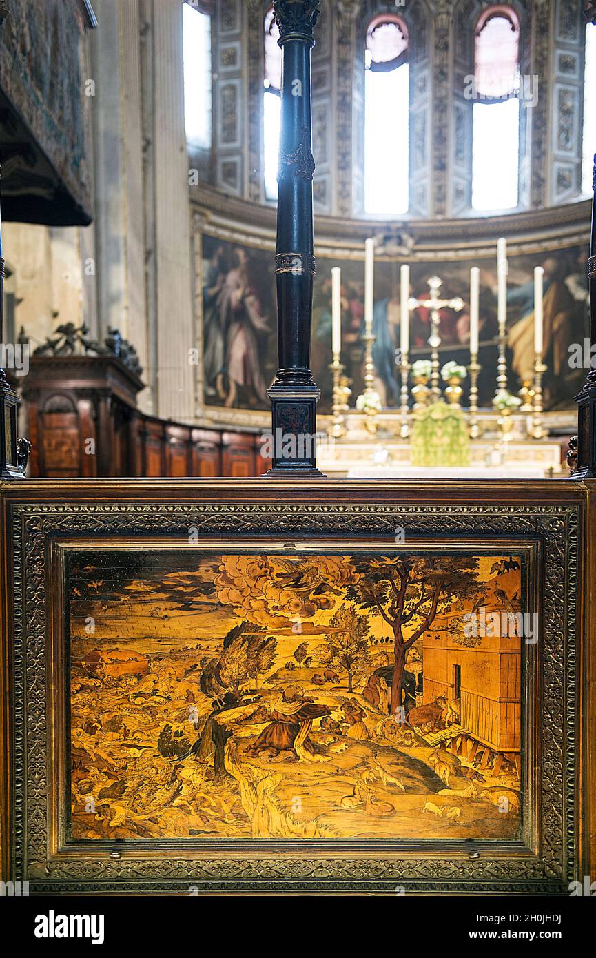 Italien, Lombardei, Bergamo, Kirche Santa Maria Maggiore, Diluvio Universale auf Holz, entworfen von Lorenzo Lotto Stockfoto