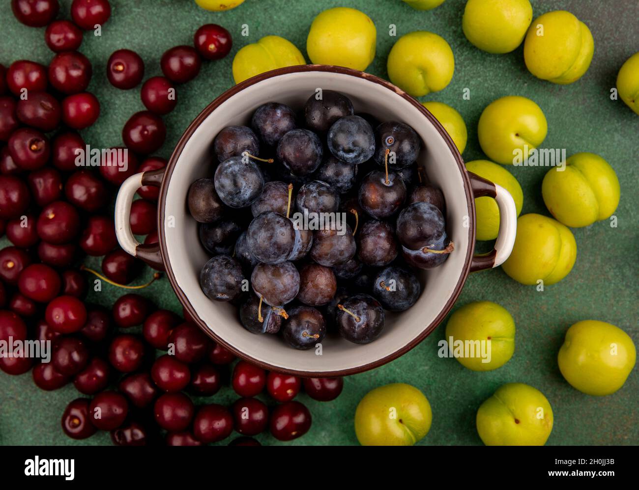 Draufsicht auf die kleinen sauer blau-schwarzen Obstscheren auf einer Soßenpfanne mit roten Kirschen und grünen Kirschpflaumen isoliert auf grünem Hintergrund Stockfoto