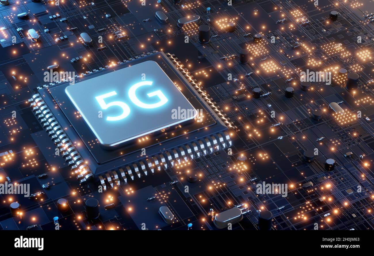 Hintergrund der 5G-Mikrochip-Technologie, futuristisches globales 5G-Mobilfunknetz-Internetkonzept Stockfoto