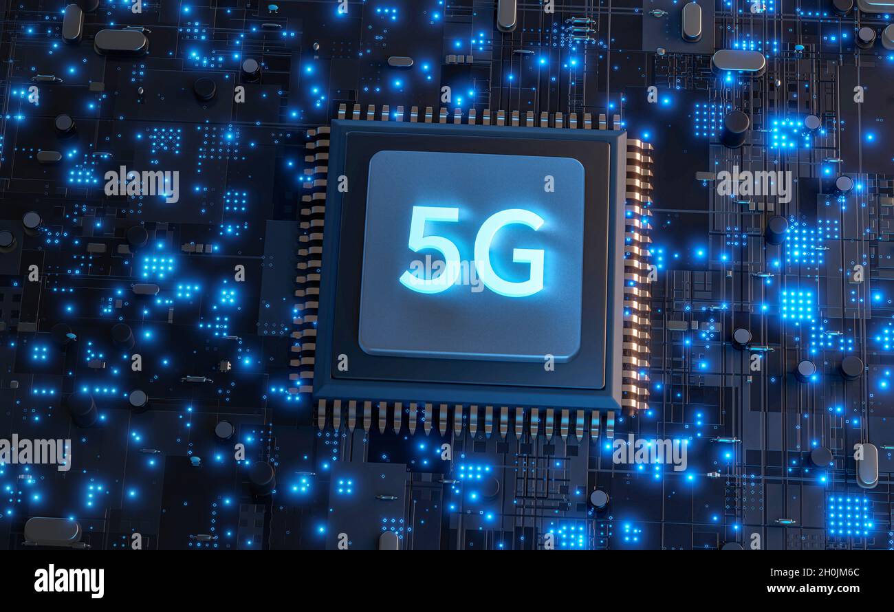 5G-Netzkommunikation auf moderner Leiterplatte, Hochgeschwindigkeits-mobiles Internet und neue Generation Netze Technologie Hintergrund Stockfoto
