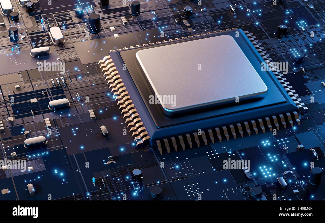 Leiterplatte mit Prozessor, Mikrochips und Binärcode. Abstrakter elektronischer High-Tech-Hintergrund, Kopierraum, Vorlage Stockfoto