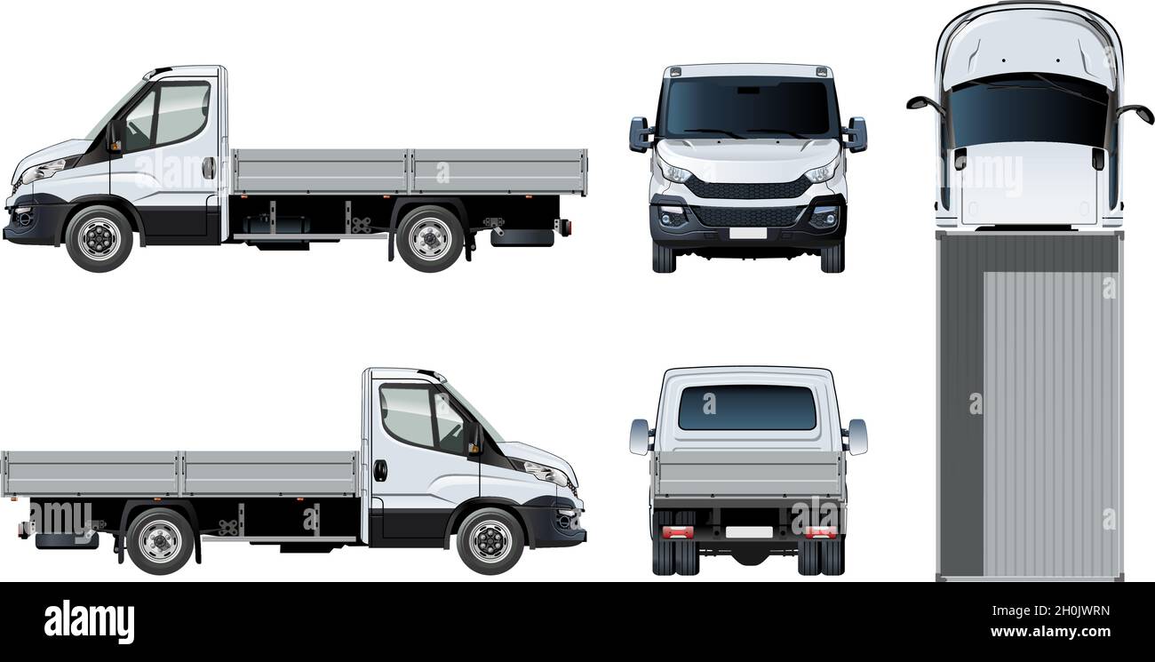Vektor-Flachbett-LKW-Vorlage isoliert auf weiß für Auto-Branding und Werbung. Verfügbares EPS-10, getrennt durch Gruppen und Ebenen, mit Transparenz ef Stock Vektor