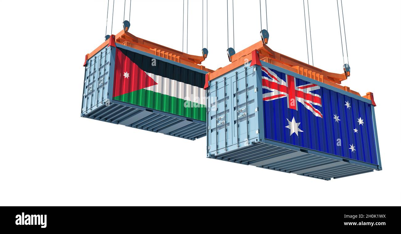 Frachtcontainer mit australischen und jordanischen Nationalflaggen. 3D-Rendering Stockfoto