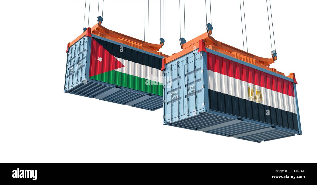 Frachtcontainer mit Ägypten- und jordanischer Nationalflagge. 3D-Rendering Stockfoto