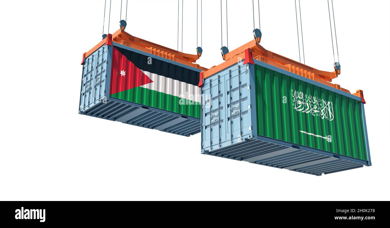 Frachtcontainer mit Nationalflagge Saudi-Arabiens und Jordaniens. 3D-Rendering Stockfoto