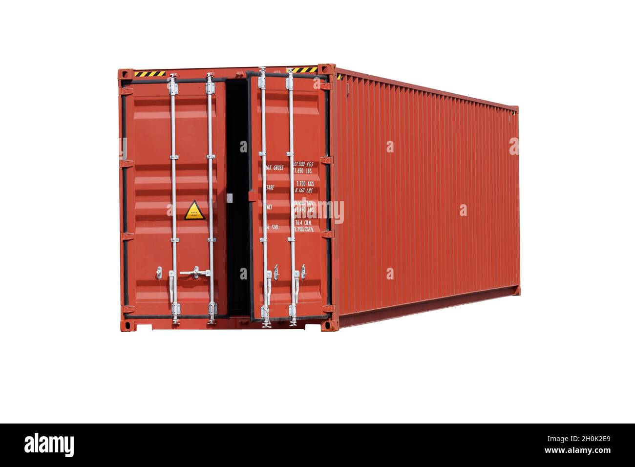Roter Frachtcontainer für Transport und Transport auf weißem Hintergrund Stockfoto