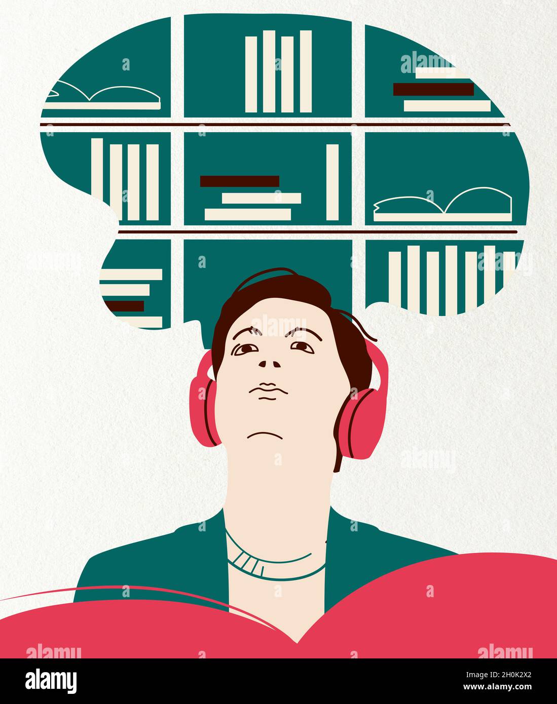 Illustration eines jungen Menschen in Kopfhörern Hört sich ein E-Book oder einen Podcast aus Sachbüchern in der Bücherbibliothek mit Telefon-App an Stockfoto