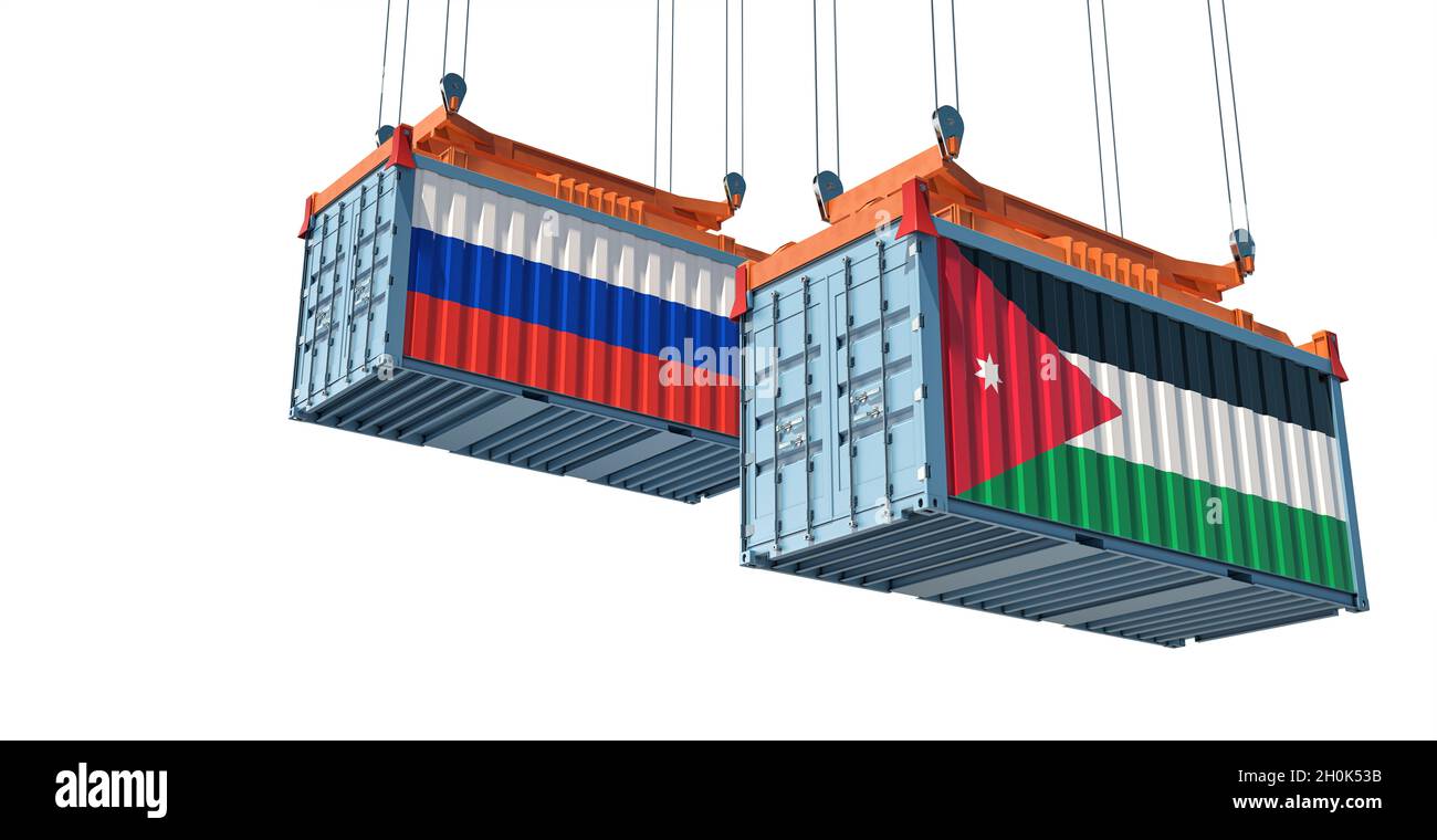 Frachtcontainer mit Nationalflagge Russlands und Jordaniens. 3D-Rendering Stockfoto