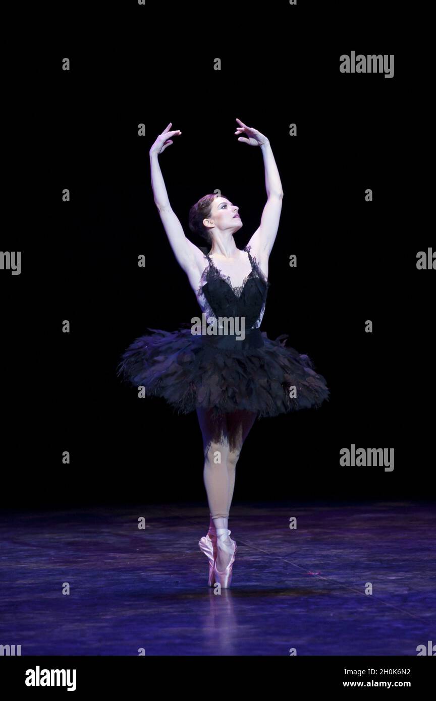 Elena Glurdjidze spielt Black Swan in einem Tutu, das Giles Deacon während des English National Ballet's, Black and White, im London Coliseum, St Martin's Lane, 16. März 2011 entworfen hat. (Aufführung am 19. März) Stockfoto