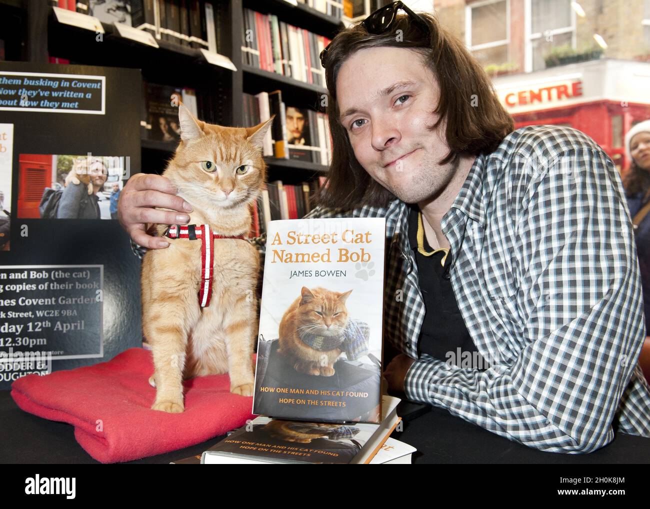 Bob the Street Cat und der Besitzer James Bowen unterzeichnen Kopien