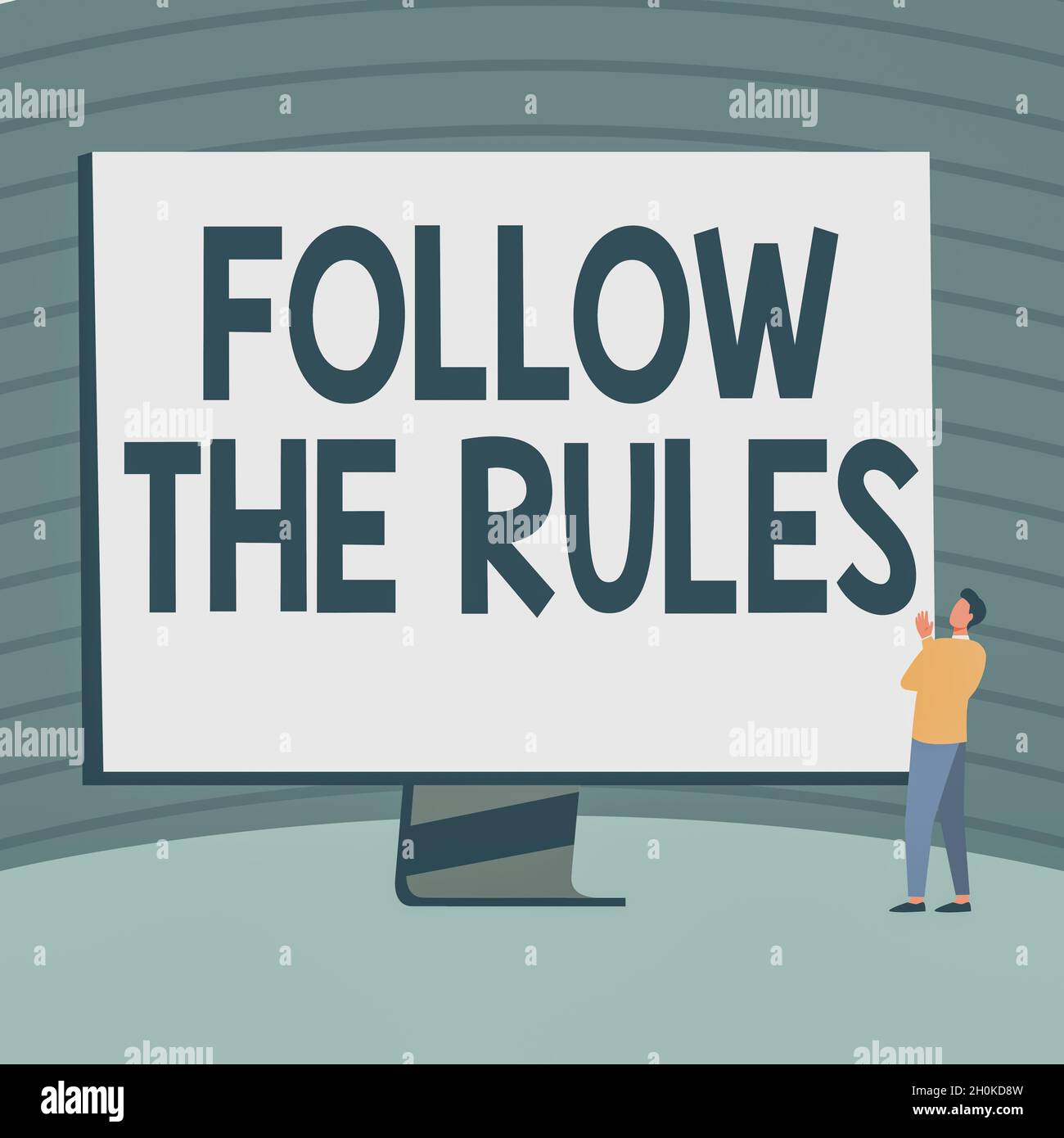 Text mit Inspiration Befolgen Sie die Regeln. Geschäftsidee gehen mit Vorschriften über Verhalten oder Verfahren Mann stehend Zeichnung Blick auf große Stockfoto