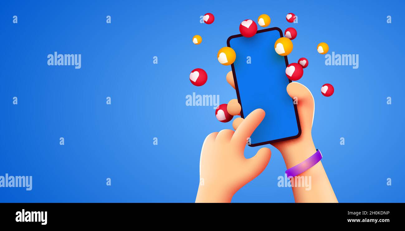 Niedliche Cartoon-Hand hält Handy mit Likes Benachrichtigungssymbole auf blauem Hintergrund. Social Media und Marketing Konzept. Vektorgrafik Stock Vektor