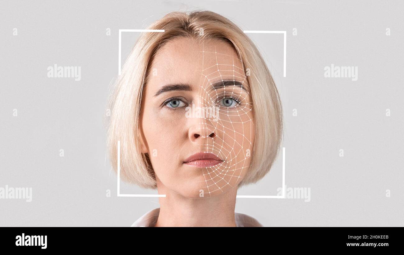 Interface, Software für die Gesichtserkennung der jungen seriöse blonde Dame Stockfoto