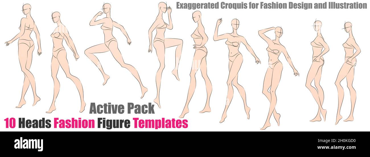 10 Köpfe Fashion Figure Templates - Active Pack. Übertriebene Croquis für Modedesign und Illustration Stock Vektor