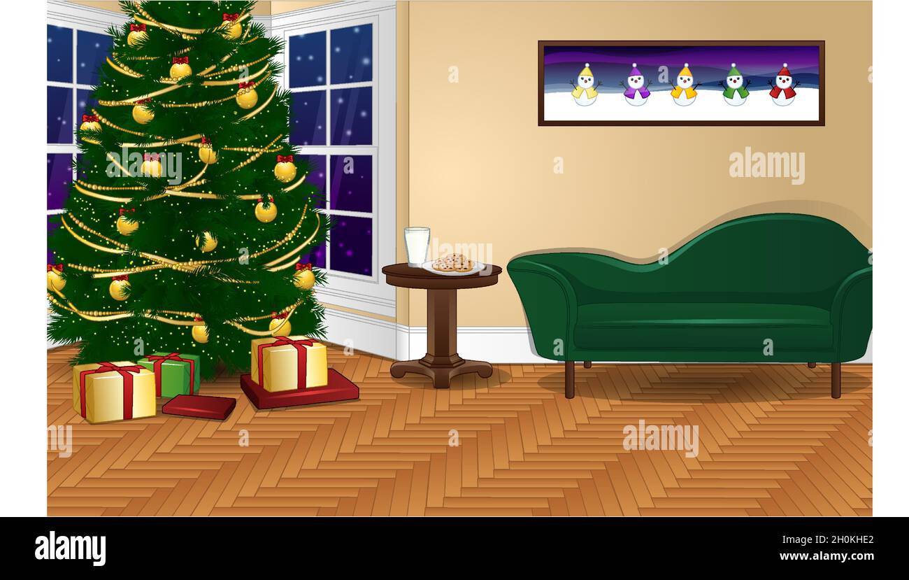 Wohnzimmer für Weihnachten dekoriert. Vektorgrafik Hintergrund Stock Vektor