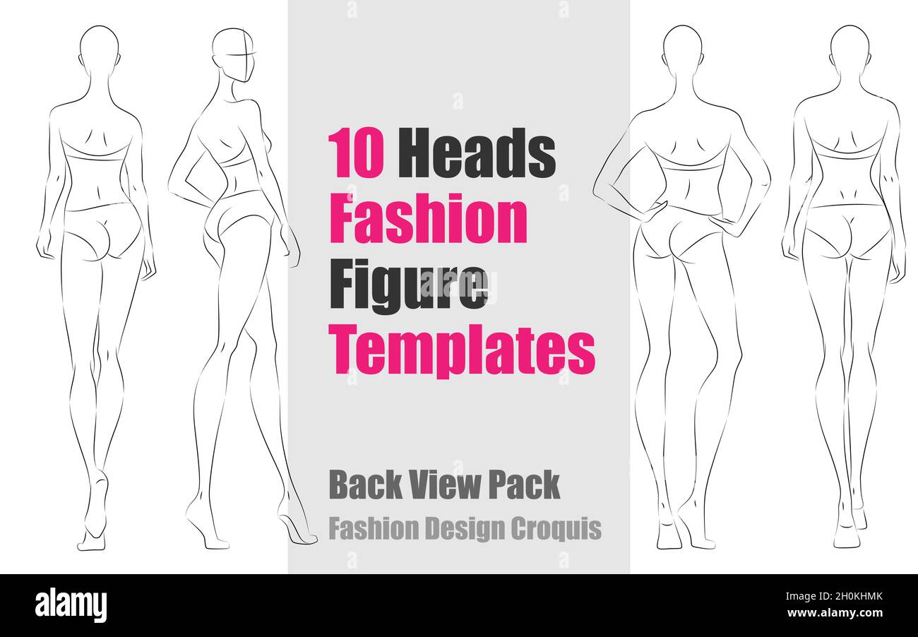10 Köpfe Fashion Figure Templates - Rückansicht Pack. Fashion Design Vektor Croquis Stock Vektor