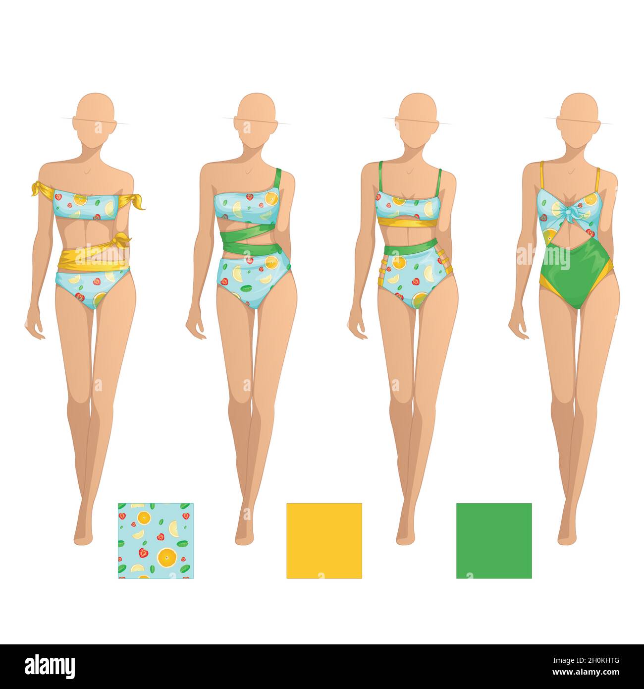 Fruchtige bunte Sommer Bikini Badeanzüge Mode Design-Kollektion für Damen Stock Vektor