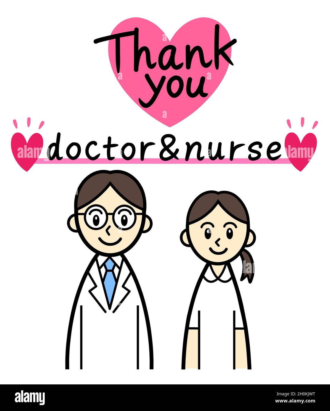 Dankesworte an Arzt und Krankenschwester. Zwei lächelnde medizinische Mitarbeiter und Briefe mit Danksagung an Arzt und Krankenschwester. Stockfoto