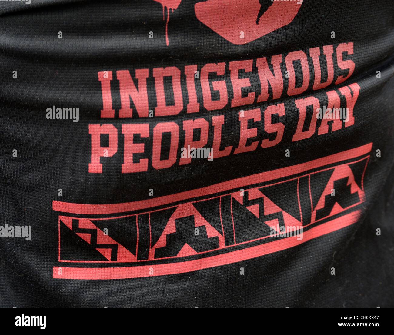 Ein indianischer Mann trägt ein T-Shirt zum Tag der Ureinwohner in Santa Fe, New Mexico. Stockfoto