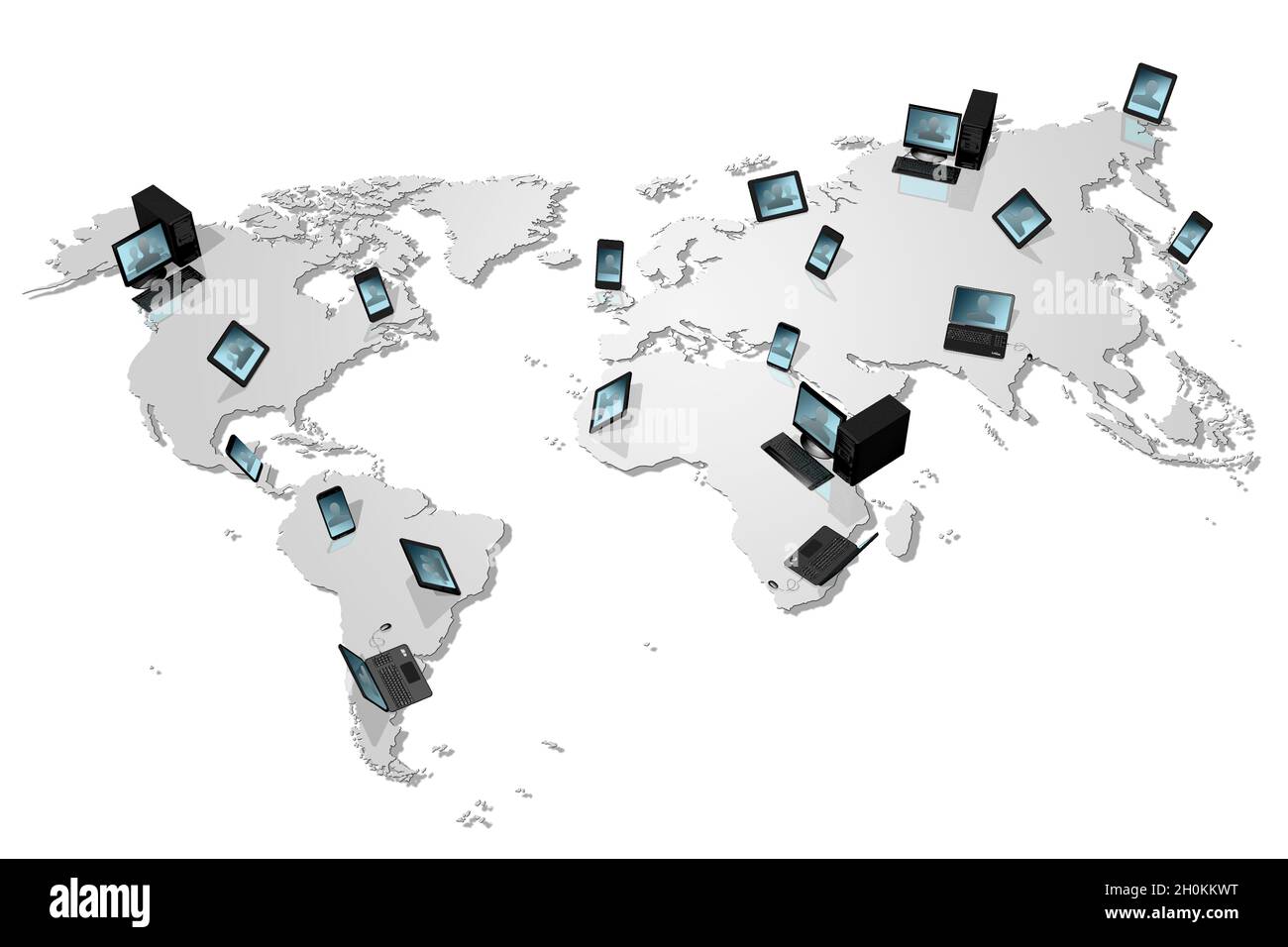 3D-Illustration. Weltweit vernetzte Computergeräte. Computer, Tablet, Smartphone. Stockfoto