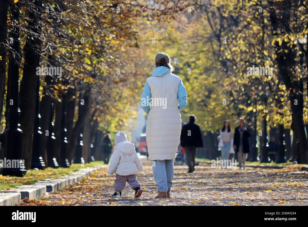 Mutter und Kind gehen im Herbstpark hinunter. Junge schlanke Frau und Laufkind, Konzept der Mutterschaft, alleinerziehende Mutter oder Babysitter Stockfoto
