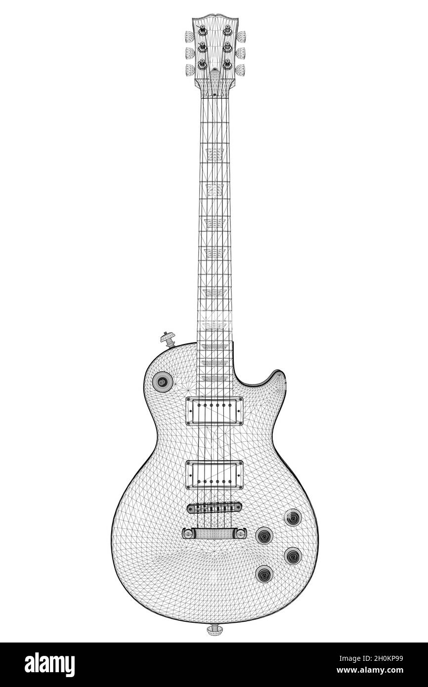 E-Gitarre Drahtmodell aus schwarzen Linien isoliert auf weißem Hintergrund. 3D. Vektorgrafik. Stock Vektor
