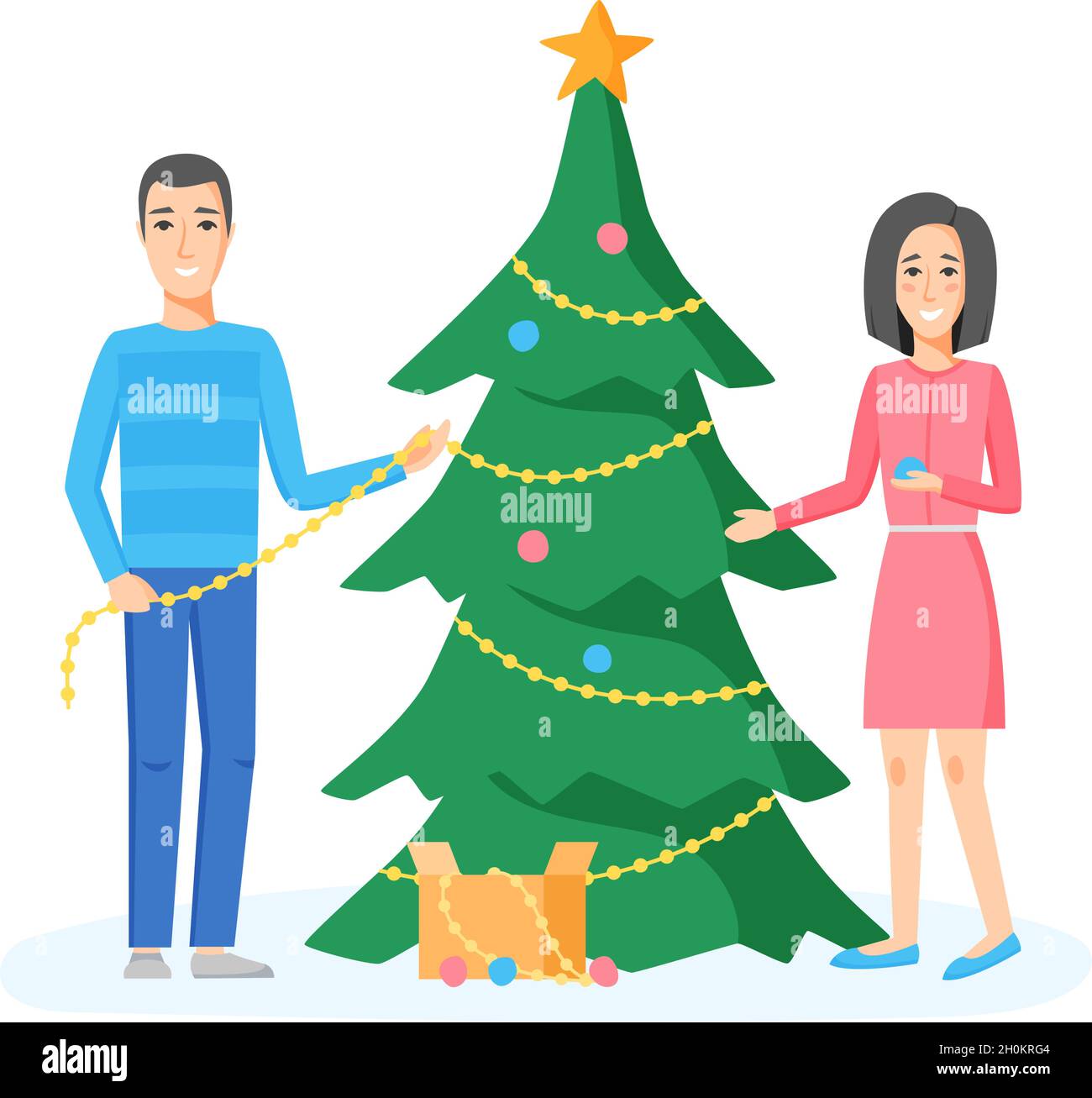 Familie dekorieren Weihnachtsbaum mit Kugeln, Perlen, Girlanden. Glückliches Paar, das sich auf die Feiertagsfeier vorbereitet. Vektorgrafik im flachen Stil. Stock Vektor