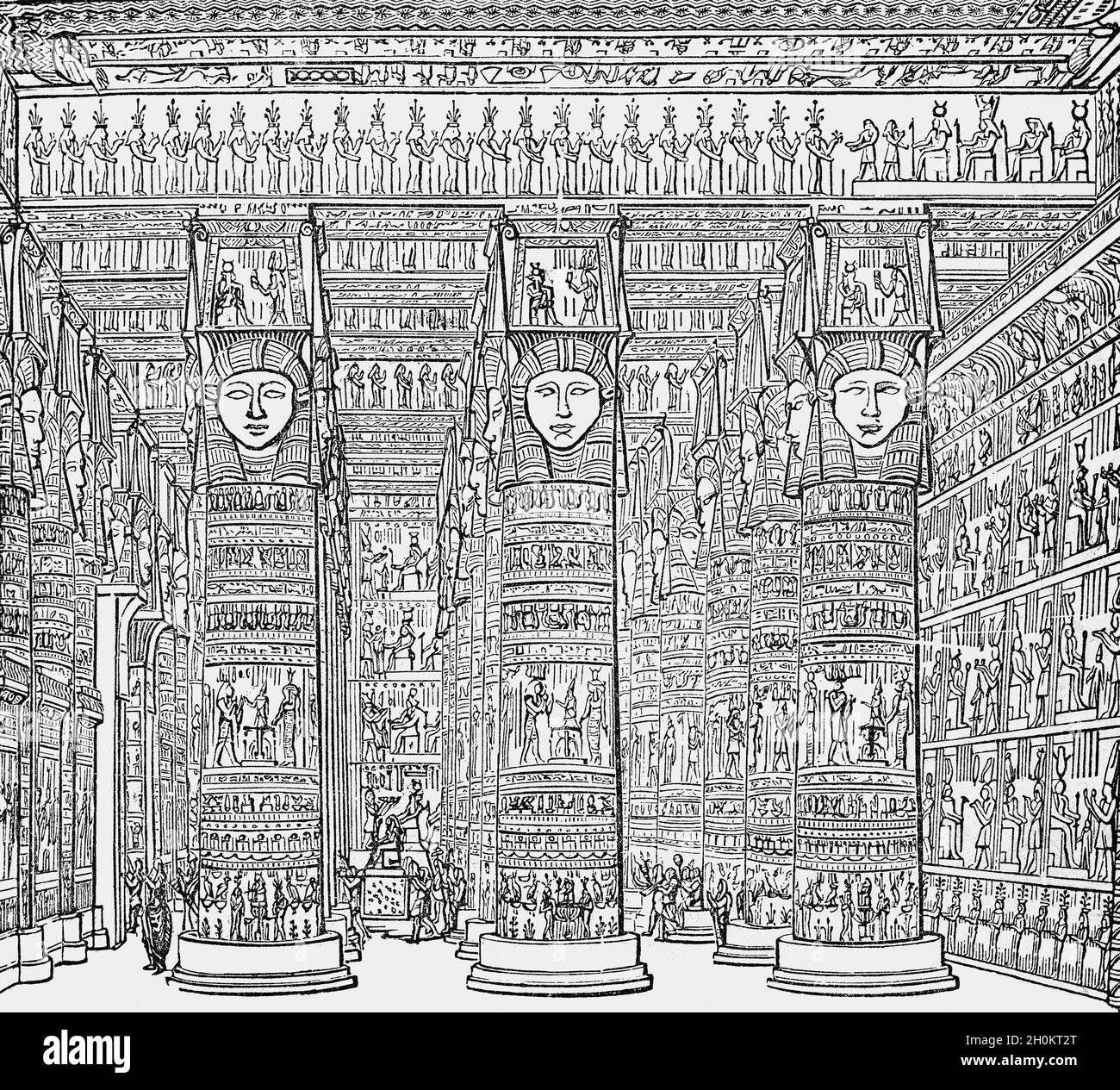 Eine Illustration des Innenraums des ägyptischen Dendera-Tempels aus dem späten 19. Jahrhundert. Dendera war eine Oase am Ufer des Nils, wo pharao Pepi I (ca. 2250 v. Chr.) auf dem Gelände gebaut und es gibt Beweise für einen Tempel in der achtzehnten Dynastie (ca. 1500 v. Chr.). Die bestehende Struktur begann den Bau in der späten ptolemäischen Zeit zur Zeit von Ptolemäus Auletes im Juli 54 v. Chr. Stockfoto