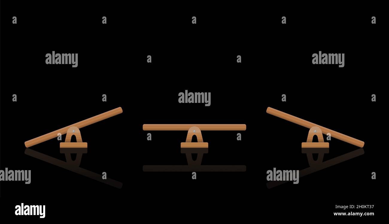 Wippe Gleichgewicht. Teeter mit gleichem und ungleichem Gewicht, ausgeglichener und unausgeglichener Totterschaukel - Abbildung auf schwarzem Hintergrund. Stockfoto