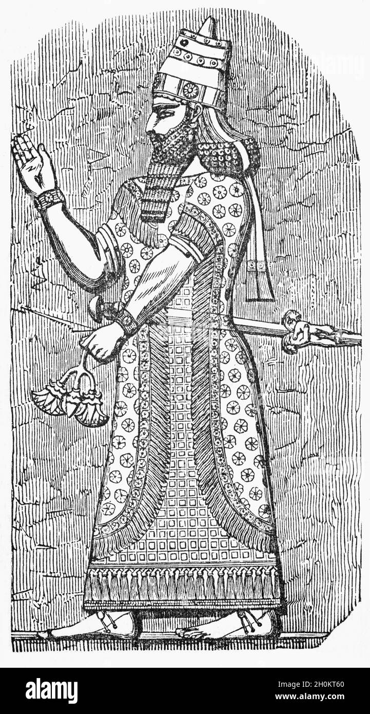 Ein Porträt von Tiglath-Pileser II. Aus dem späten 19. Jahrhundert war ein prominenter König von Assyrien im achten Jahrhundert v. Chr., der von 745–727 v. Chr. regierte und fortgeschrittene zivile, militärische und politische Systeme in das neo-assyrische Reich einführte. Er nahm weitreichende Änderungen an der assyrischen Regierung vor, verbesserte ihre Effizienz und Sicherheit erheblich und schuf die erste professionelle Armee Assyriens. Stockfoto