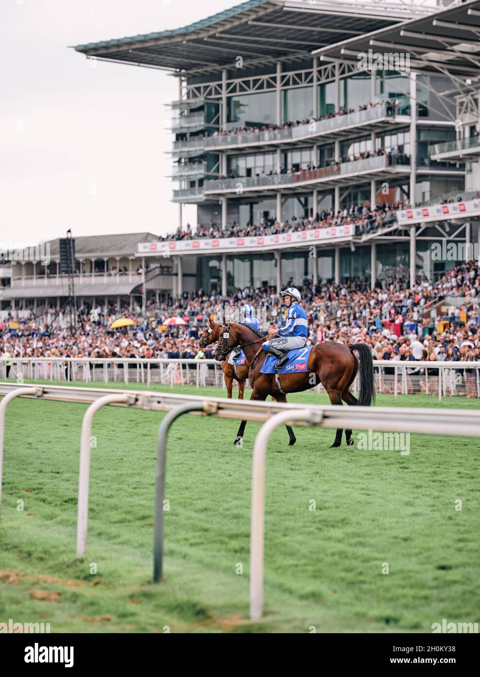 Pferde und Jockeys vor einer Tribüne - Ein Tag Pferderennen auf einem Sommerwochenende Veranstaltung auf der York Racecourse York, Yorkshire, England 2021 Stockfoto