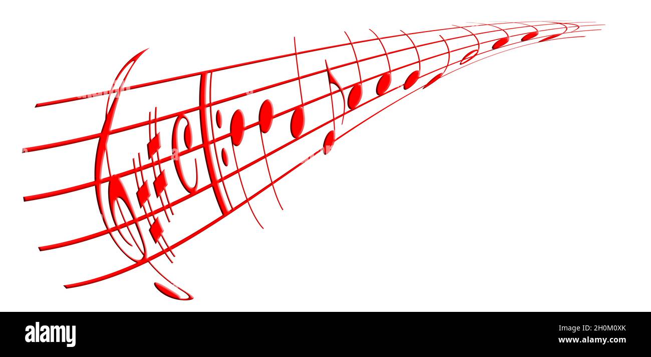 Rote Noten und Musikzeichen, 3d-Illustration, vor weißem Hintergrund Stockfoto