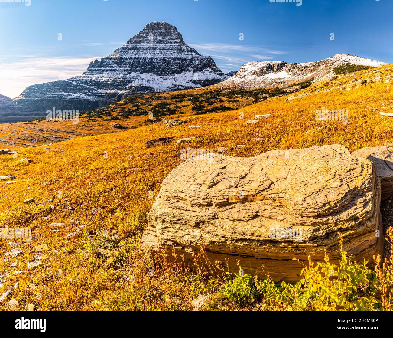 Schneebedeckter Reynolds Mountain und Hidden Lake Pass, Glacier National Park, Montana, USA Stockfoto