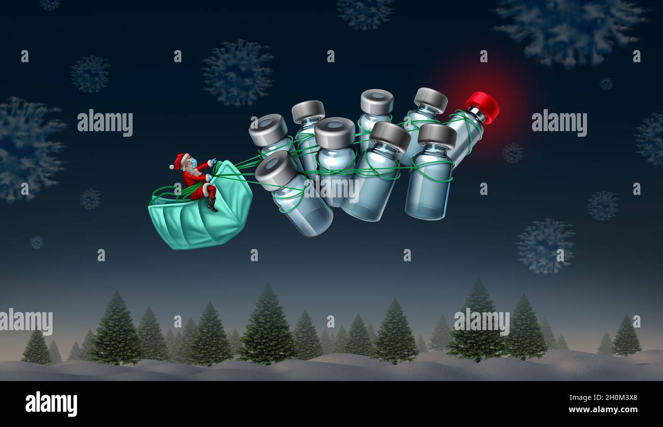 Winterurlaub Impfung und Weihnachts-Impfstoff Verteilung als Weihnachtsmann mit Flaschen von Impfstoffen, die einen Schlitten und Rentiere Symbole. Stockfoto