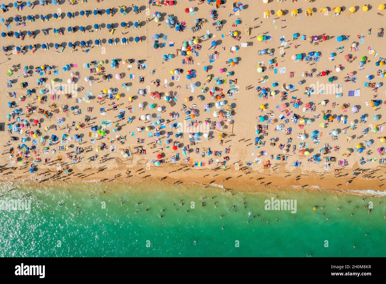 Drohnenaufnahme von vielen Menschen, die den Strand und das Meer genießen - Urlaubsmuster. Rocha Beach in Portimao, Portugal Stockfoto