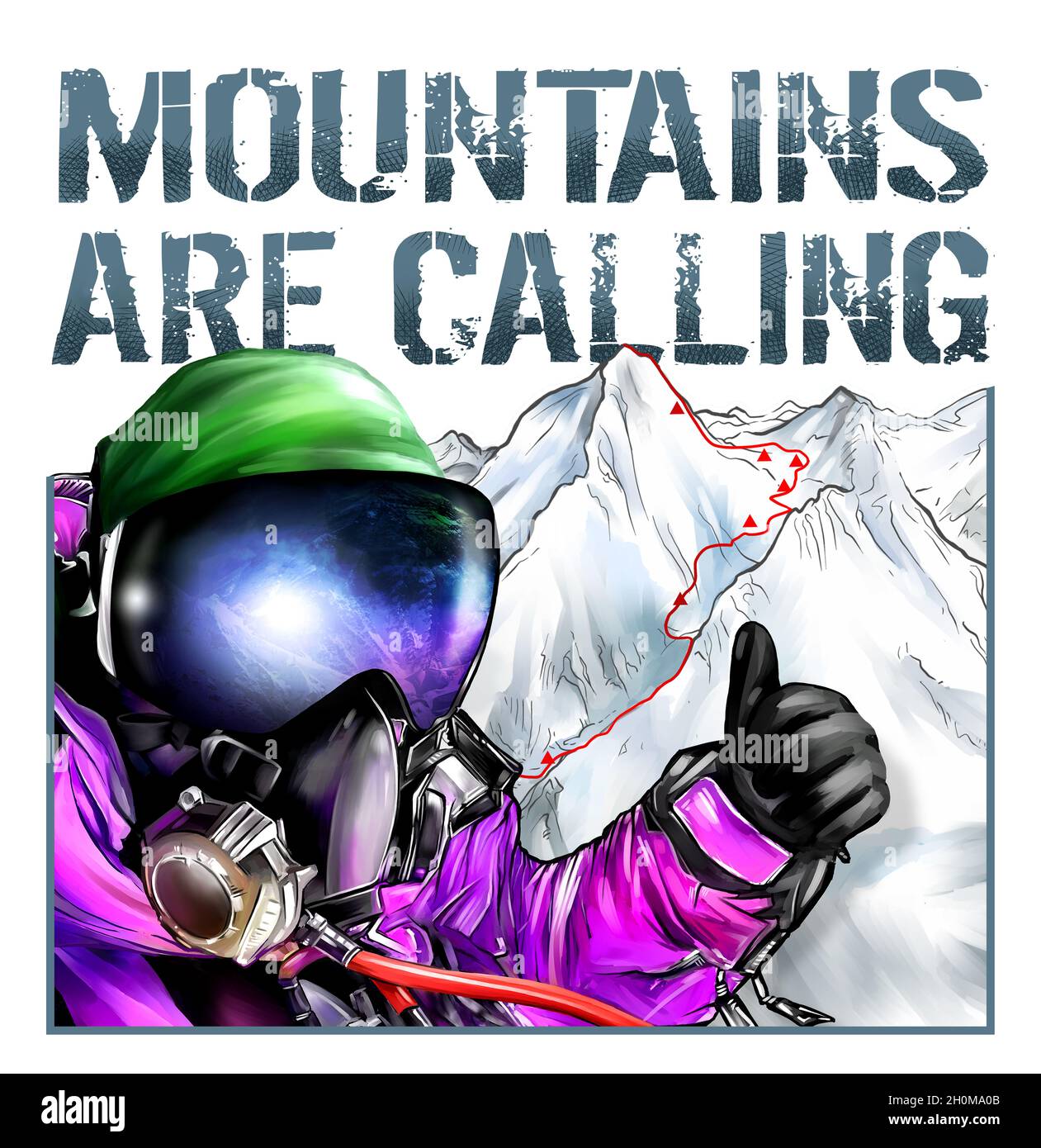 Kletterer in moderner Ausrüstung, mit der Aufschrift Berge, rufen Stockfoto