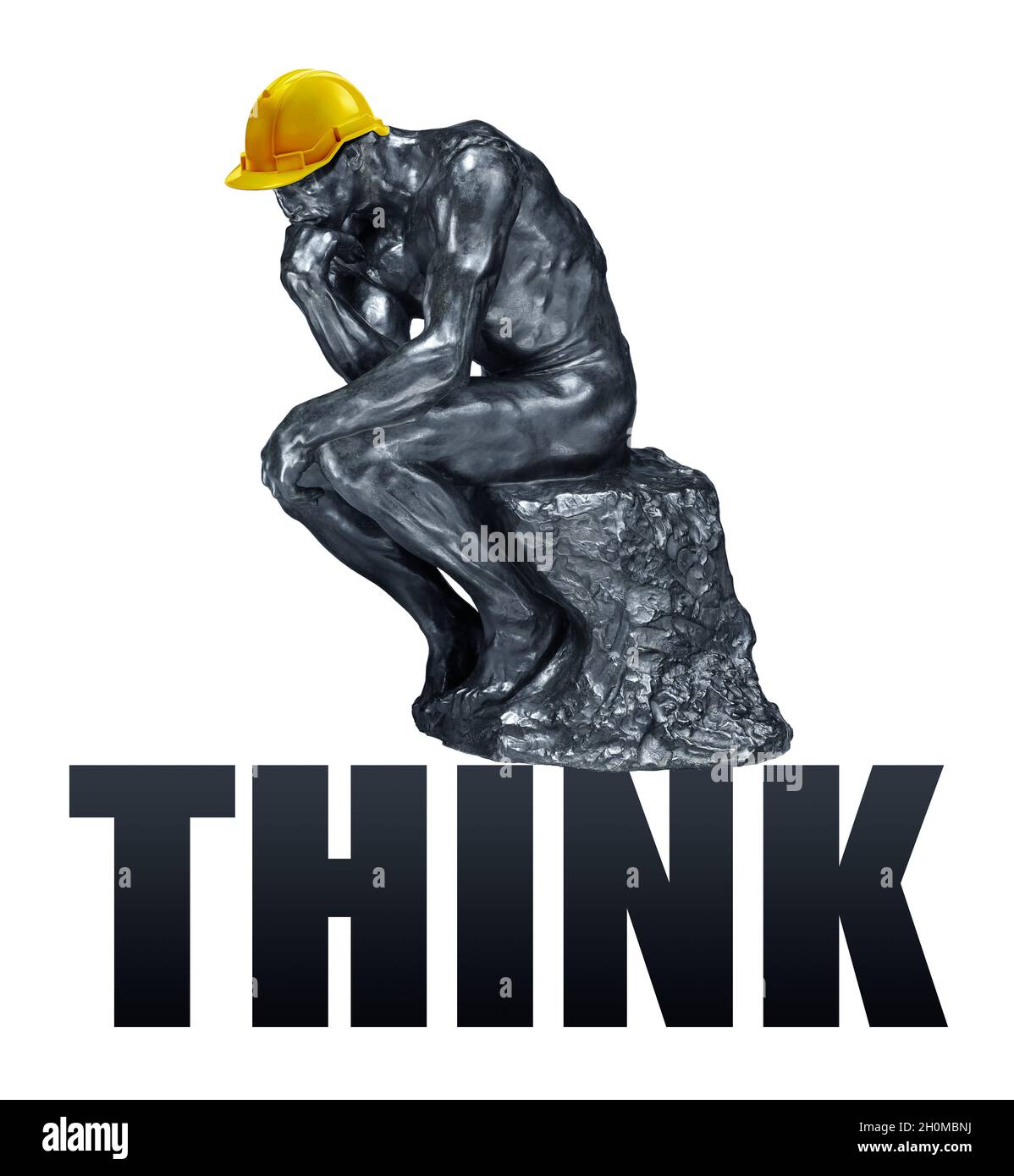 Rodin ist der Denker mit einem Arbeitshelm und der Aufschrift Think Stockfoto