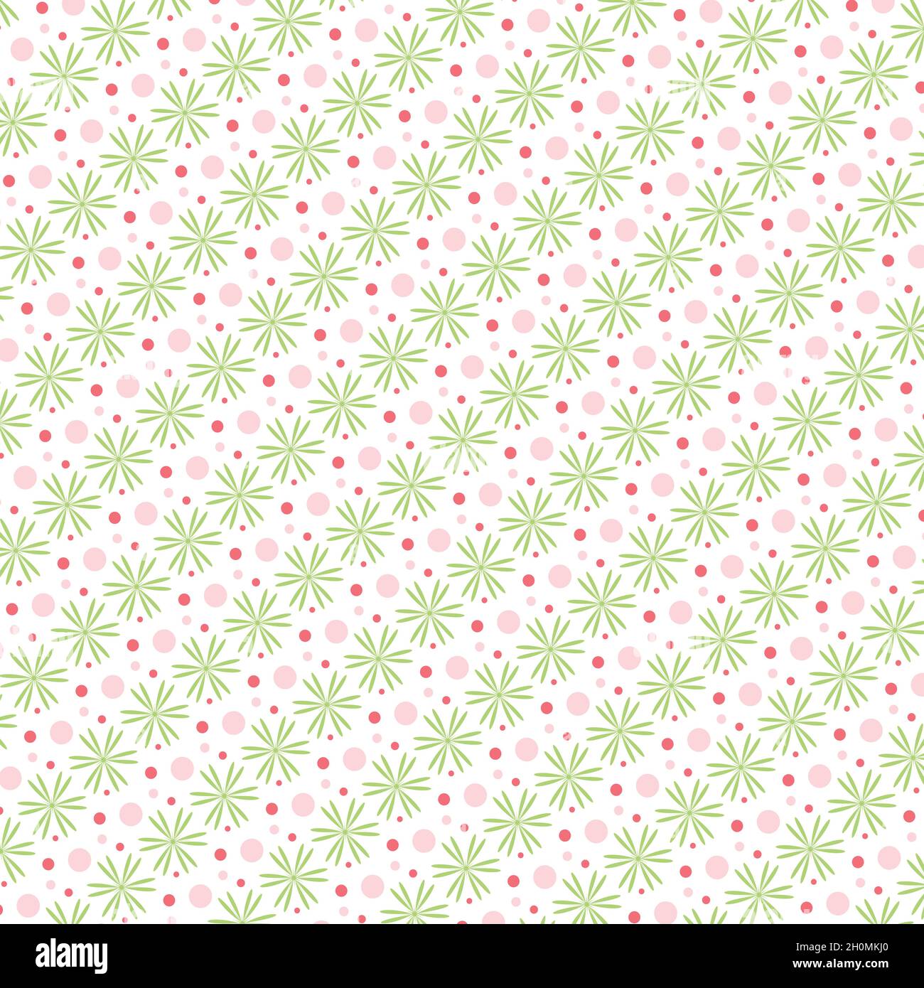 Nahtloses Muster mit rosa Punkten und grünen Blumen auf weißem Hintergrund. Stockfoto