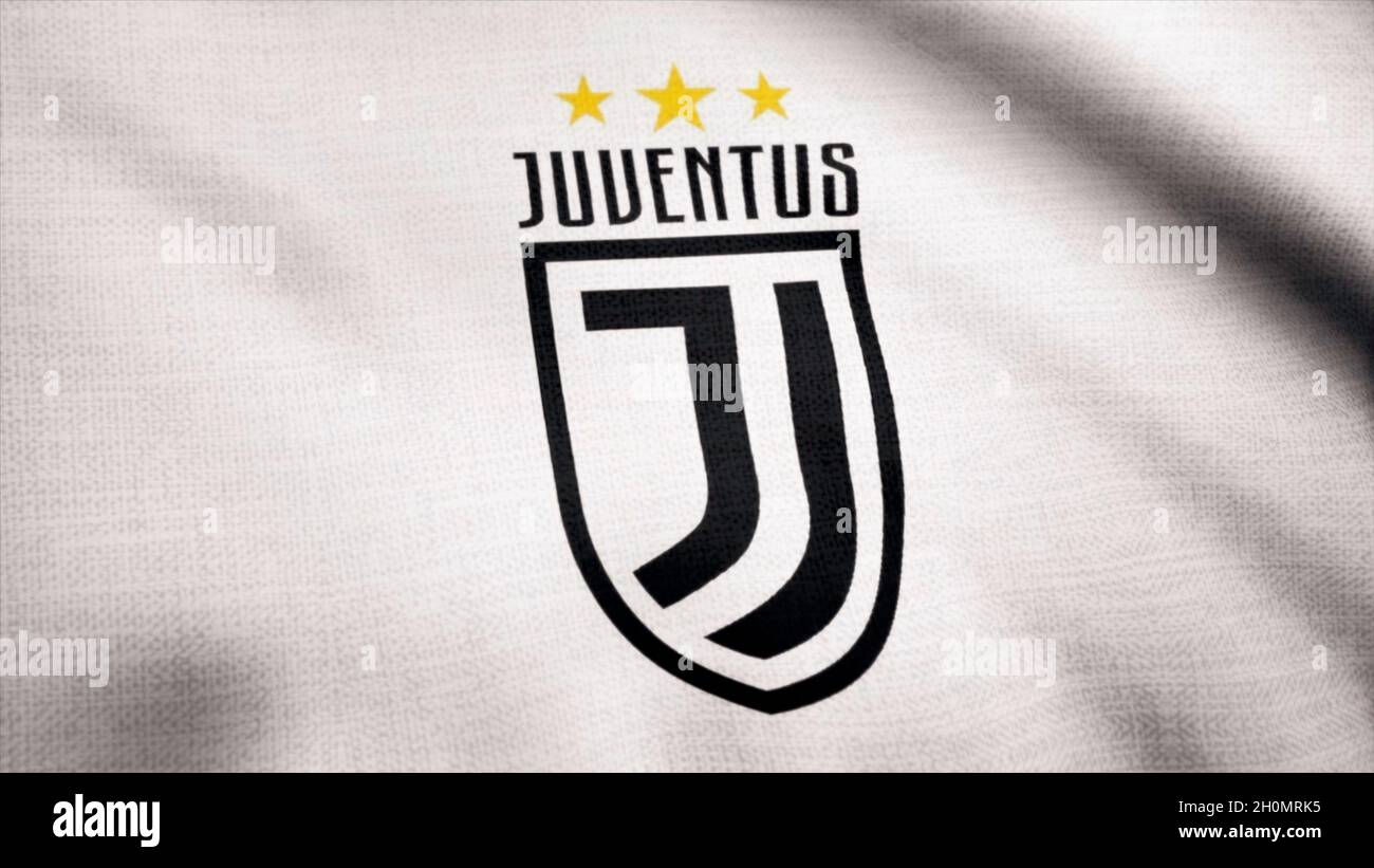 Die Flagge des FC Juventus winkt auf transparentem Hintergrund. Nahaufnahme der winkenden Flagge mit FC Juventus Fußballverein-Logo, nahtlose Schleife. Redaktionelle Animation. Stockfoto