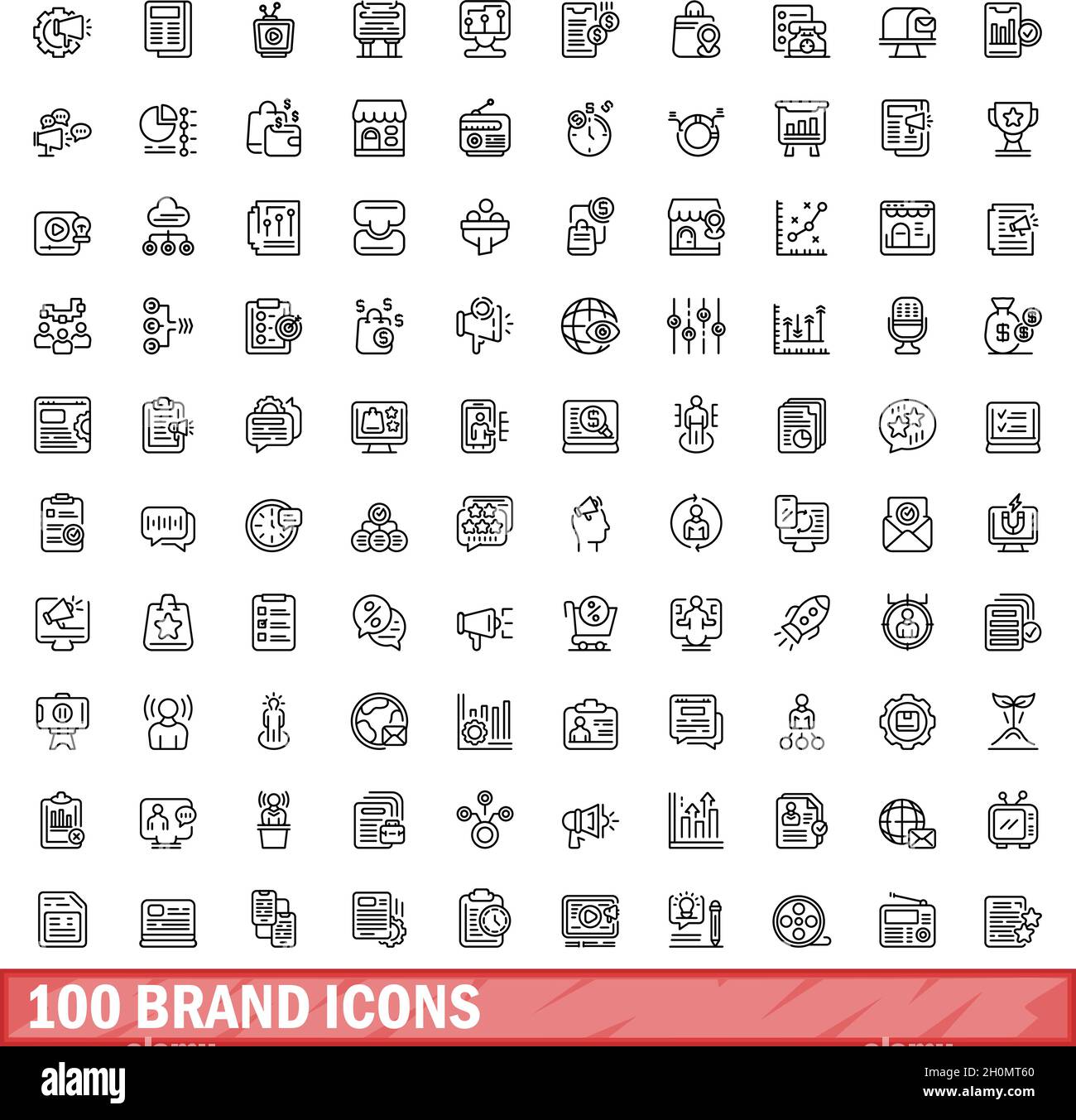 100 Markensymbole eingestellt. Skizzieren Sie die Darstellung von 100 Markensymbolen, die auf weißem Hintergrund isoliert sind Stock Vektor